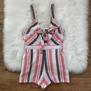 LOFT Linen White Pink Blue Striped Sleeveless Romper Tie Front Womens Small